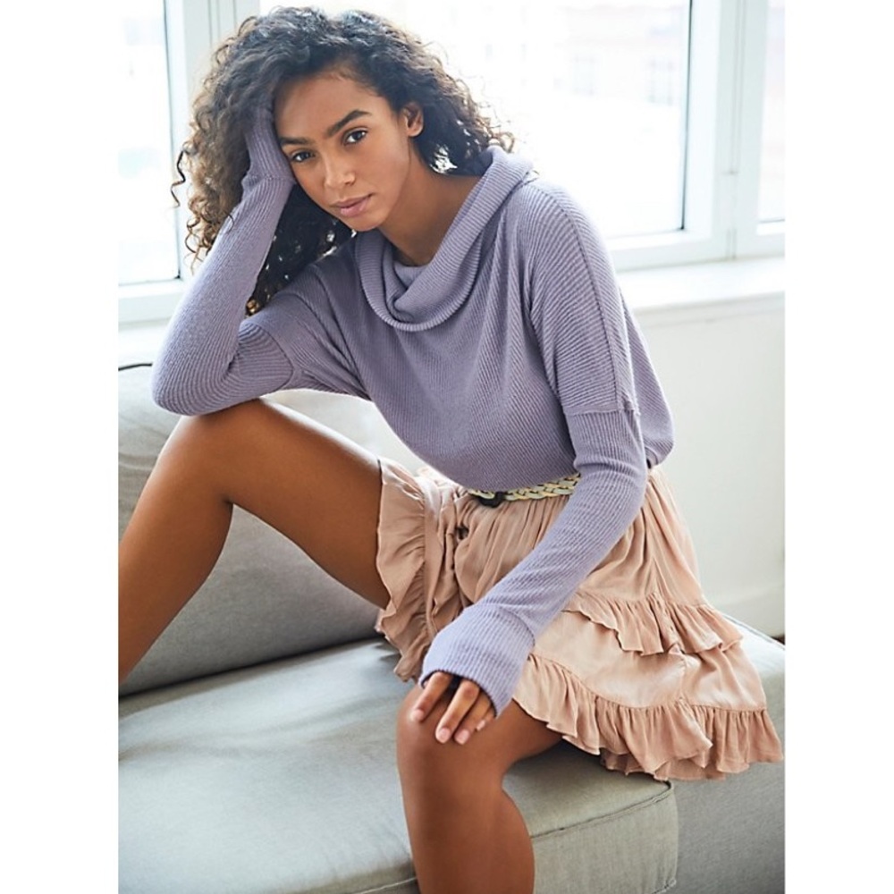 NWT Free People Juicy Ribbed Cowl-Neck Split Back Long Sleeve Tunic Top Sz Small